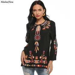 KHALEE YOSE Black Boho Embroidery Blouses Shirt Women Autumn Spring Mexican Shirt Long Sleeve Hollow Out 23xl Ethnic Chic Shirt