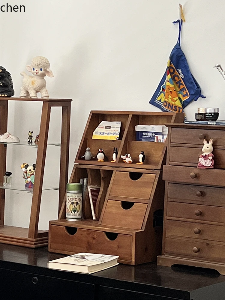 

YXY Retro Desktop Display Cabinet Organizer Storage Box Solid Wood Multi-layer Drawer Desktop Shelf