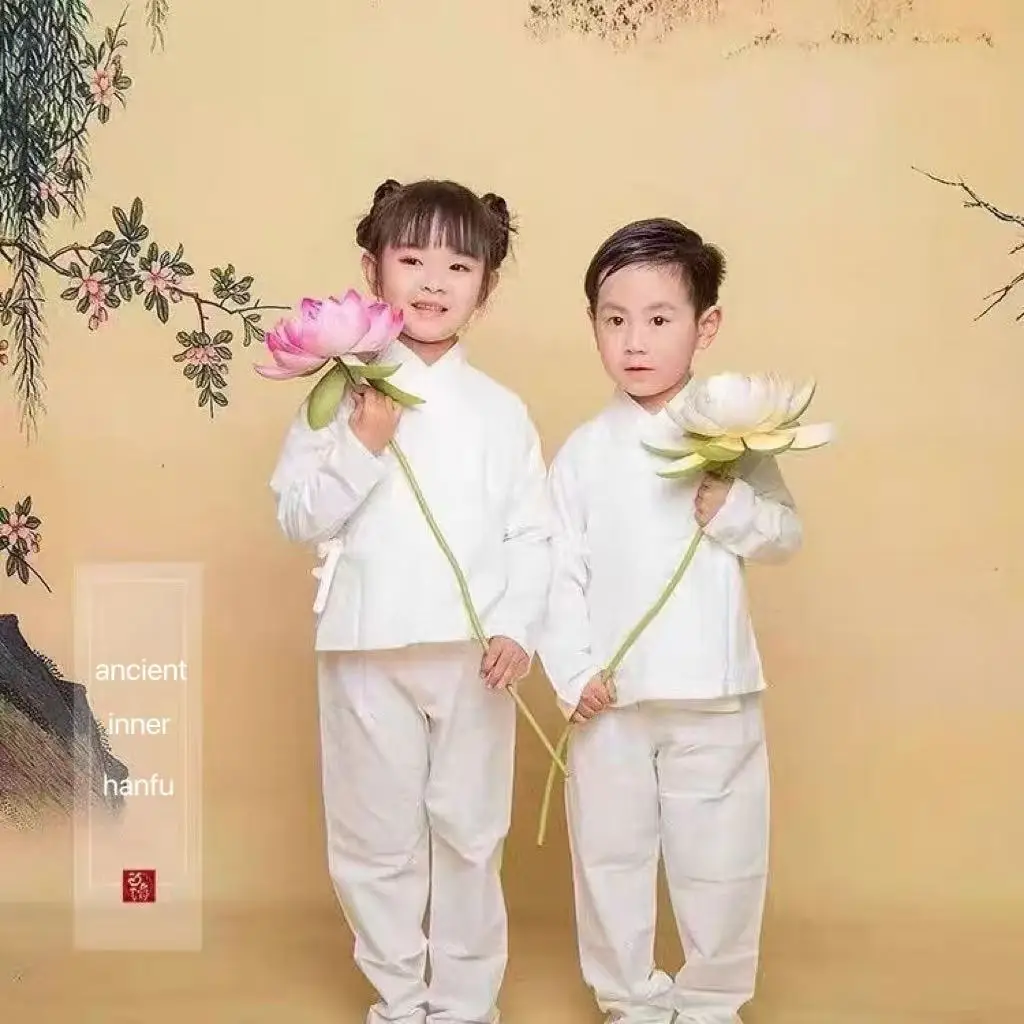 

Traditional Kids Hanfu Innerwear Boys Girls Pure White Daily Base Shirt Classic Cute Stage Performance Suit Kids Photography