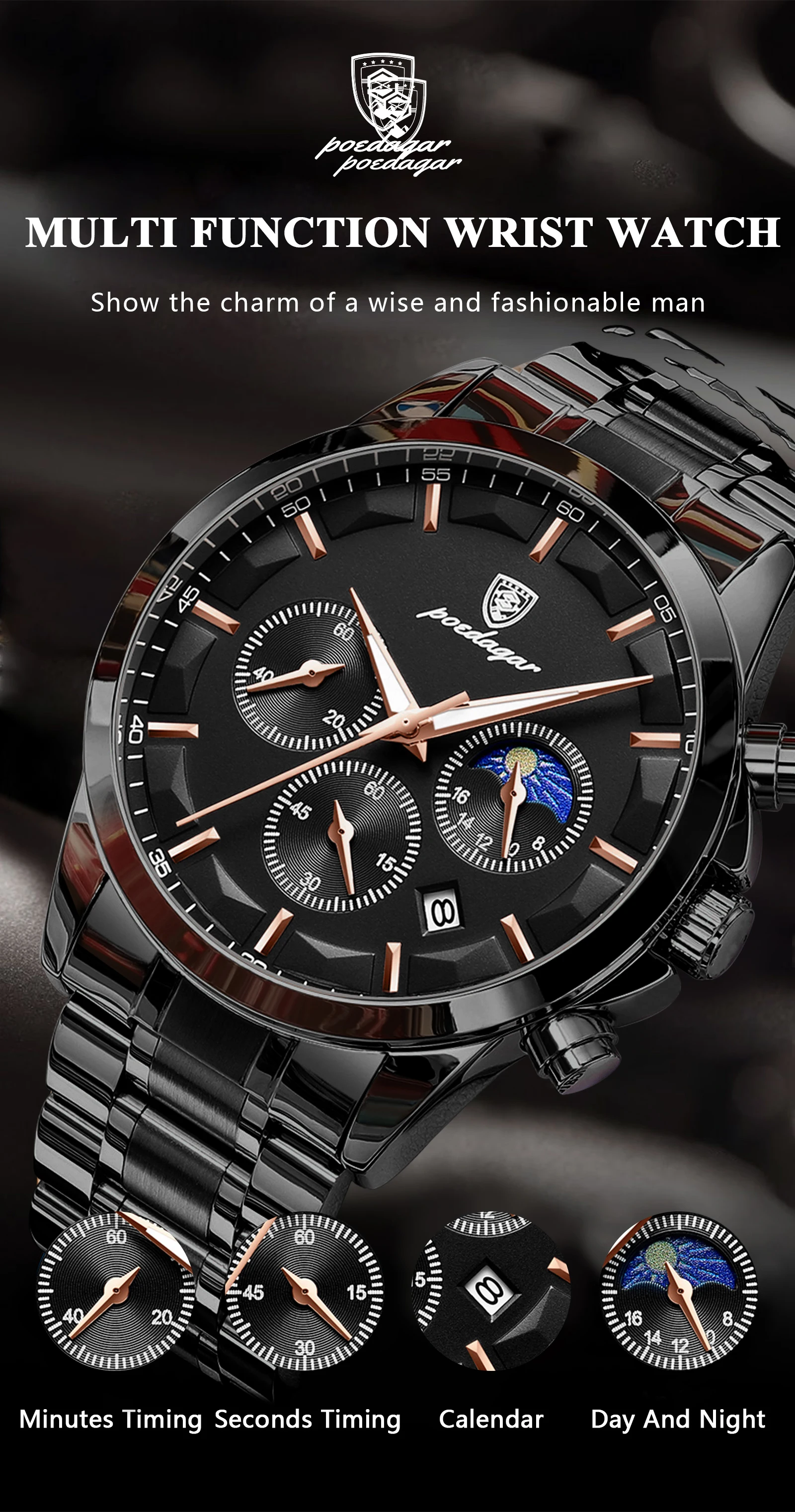 POEDAGAR Top Mode herren Uhren Wasserdicht Leuchtende Edelstahl Männer Armbanduhr Chronograph Datum Quarz Business Mann Uhr – Detail 7