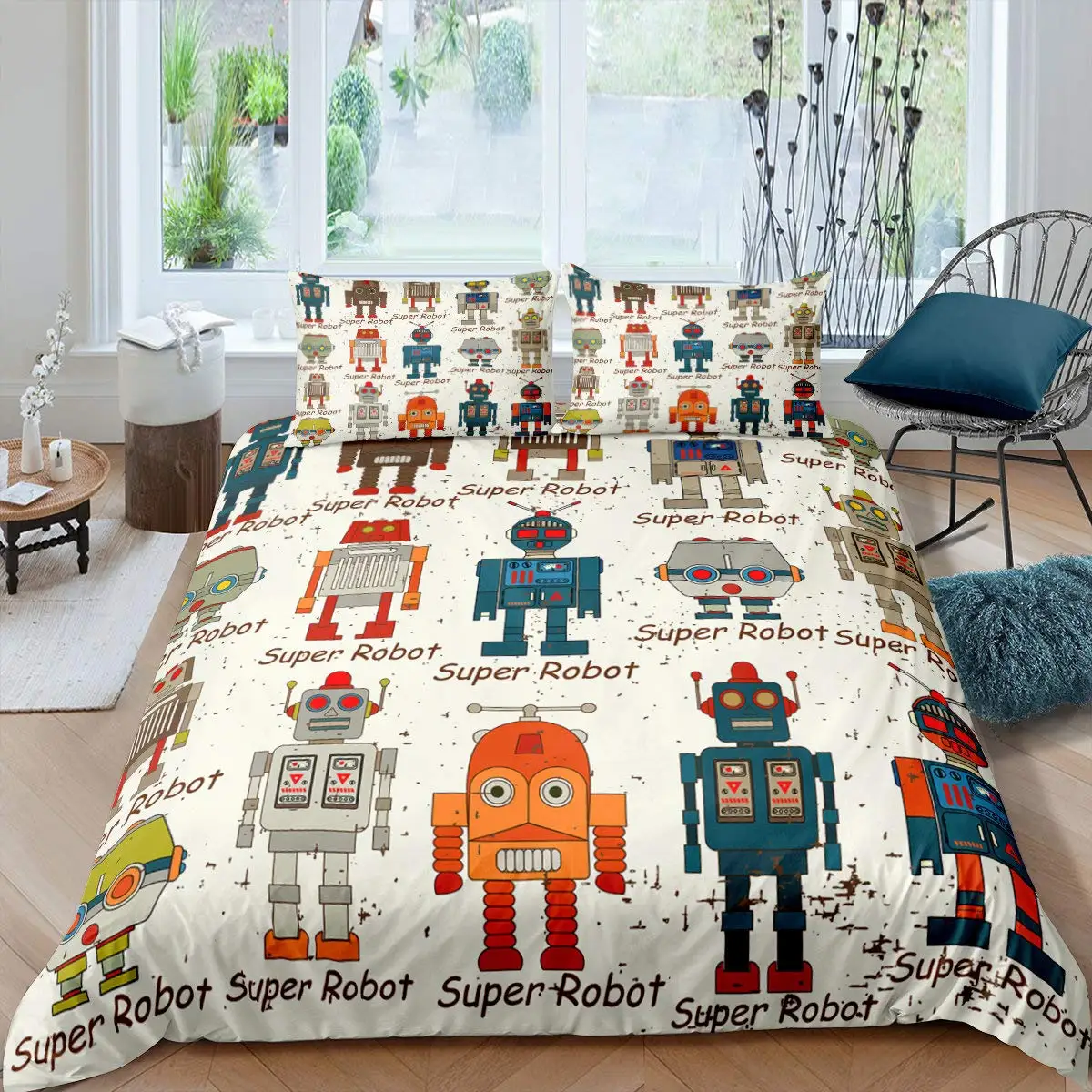 

Robot Duvet Cover Set Kids Boys Watercolor Robot Bedding Set Modern Cartoon Super Robot Pattern King Size 3pcs Bedding Set