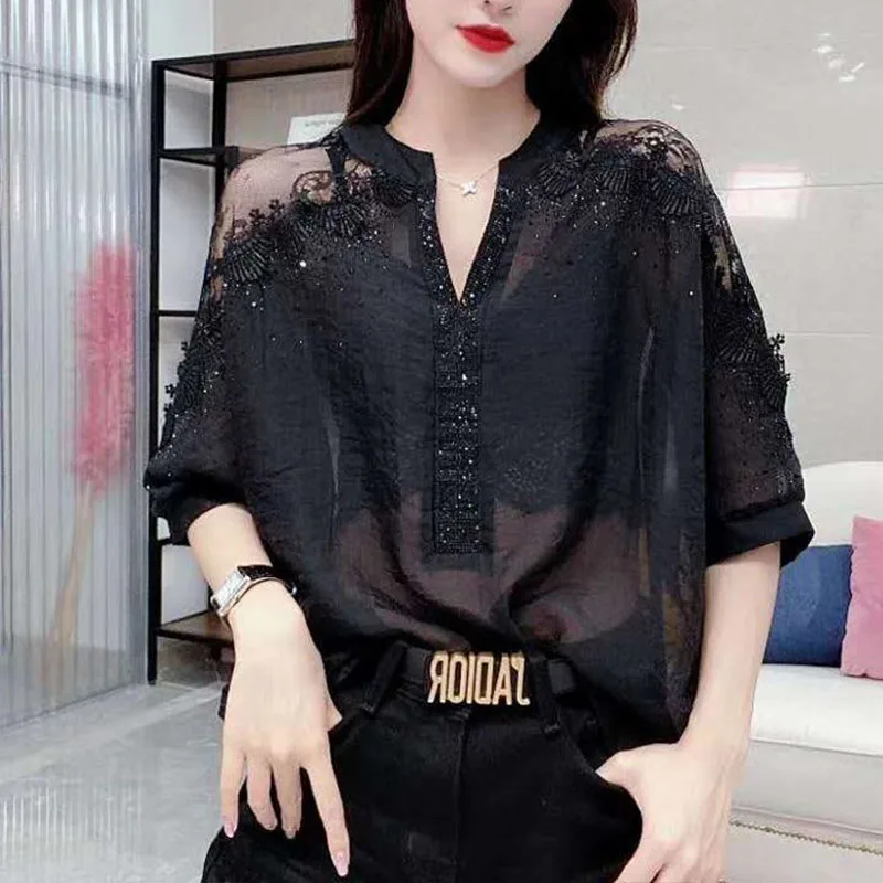 Fashion Classic All-match Diamonds Hollow Out Single Breasted Blouses Chic Loose Bat Shirt Korean Top Women's Clothing 2023