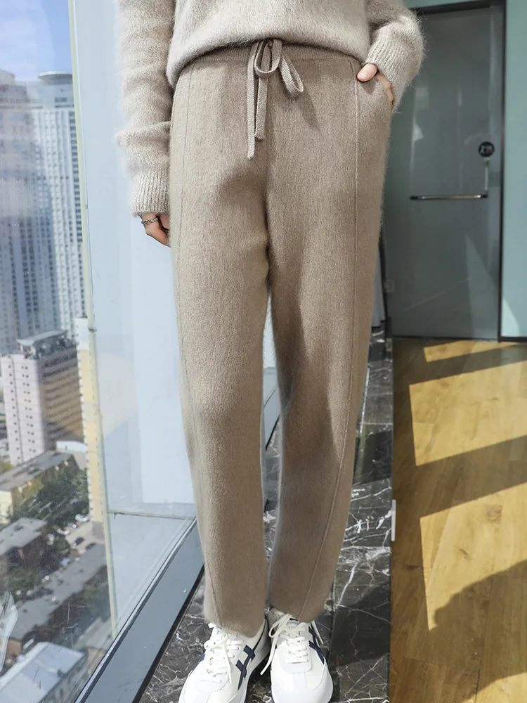 

TLOML осень-зима женские 100% норковые кашемировые вязаные брюки-карандаш мягкие теплые брюки с карманами на шнурке повседневный стиль удобные брюки