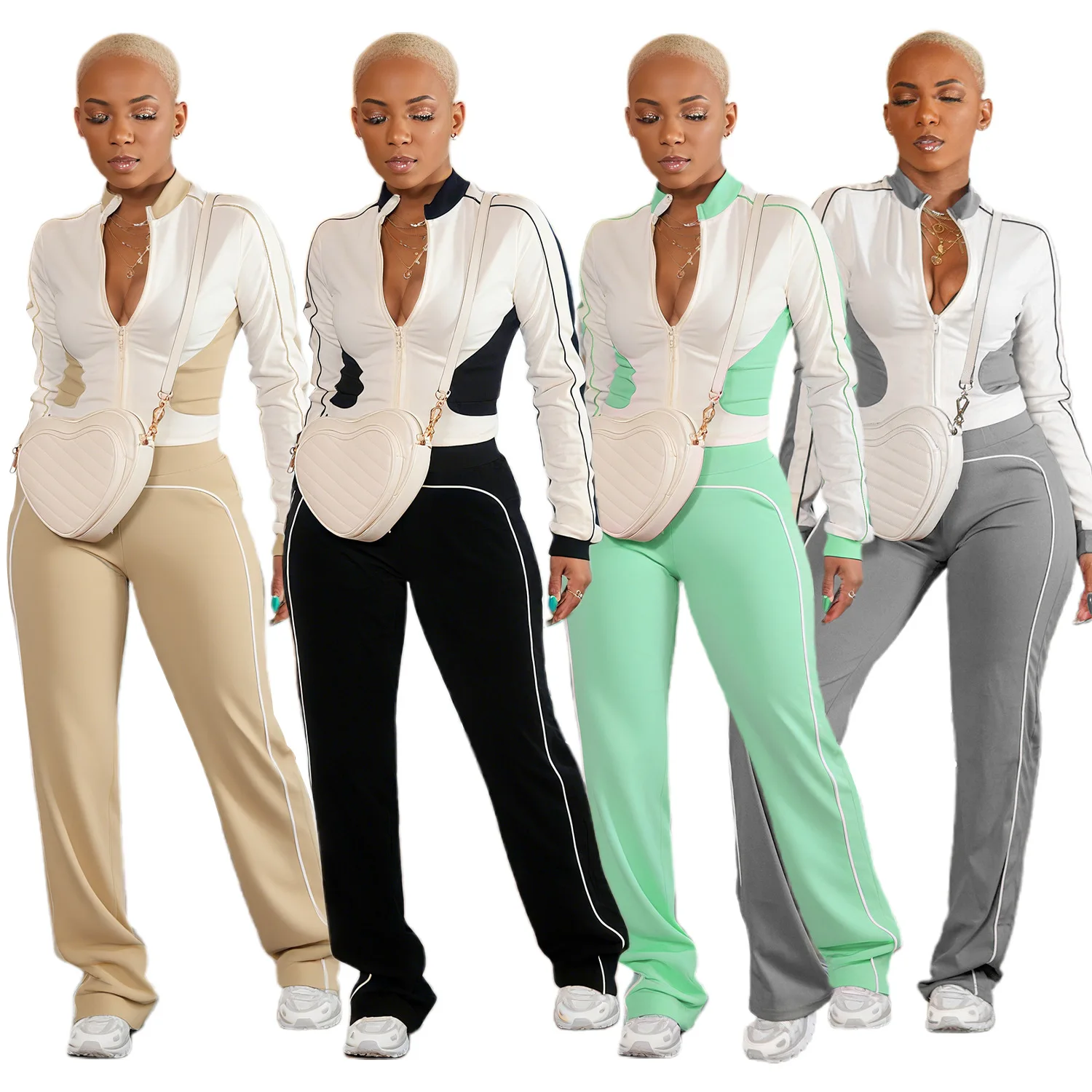 

Модный спортивный костюм для женщин, повседневный сращенный цвет, пальто на молнии с длинными рукавами, брюки, комплект из двух предметов, осень-зима 2024, осень-зима