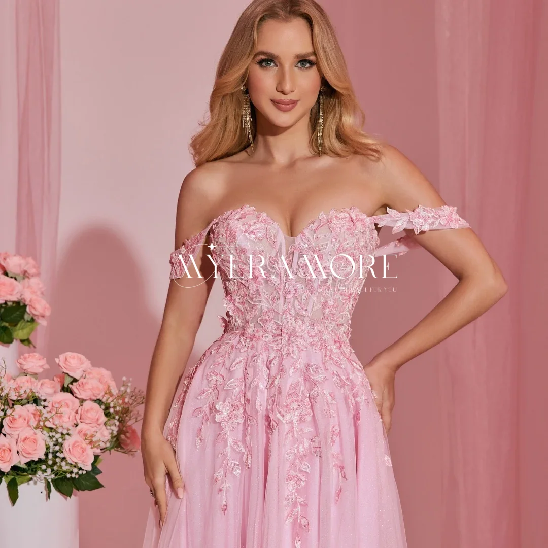 Pink Flowers Embroidery Princess Formal Evening Dresses Off The Shoulder Pleat Lace Glitter Tulle Wedding Guest Dress Customized