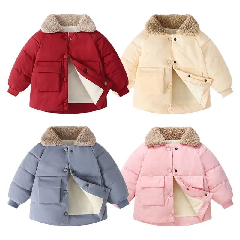 Winter New Warm Coats Baby Girl Boy Lamb Fleece Lapel Down Jackets Autumn Thicken Children Clothes Fashion Boys Girls Outerwear