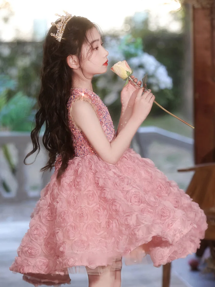 

Girl's Pink Dress2025New Flower Girl Birthday Gift Children Host Sequined Flower Princess Pettiskirt Wholesale