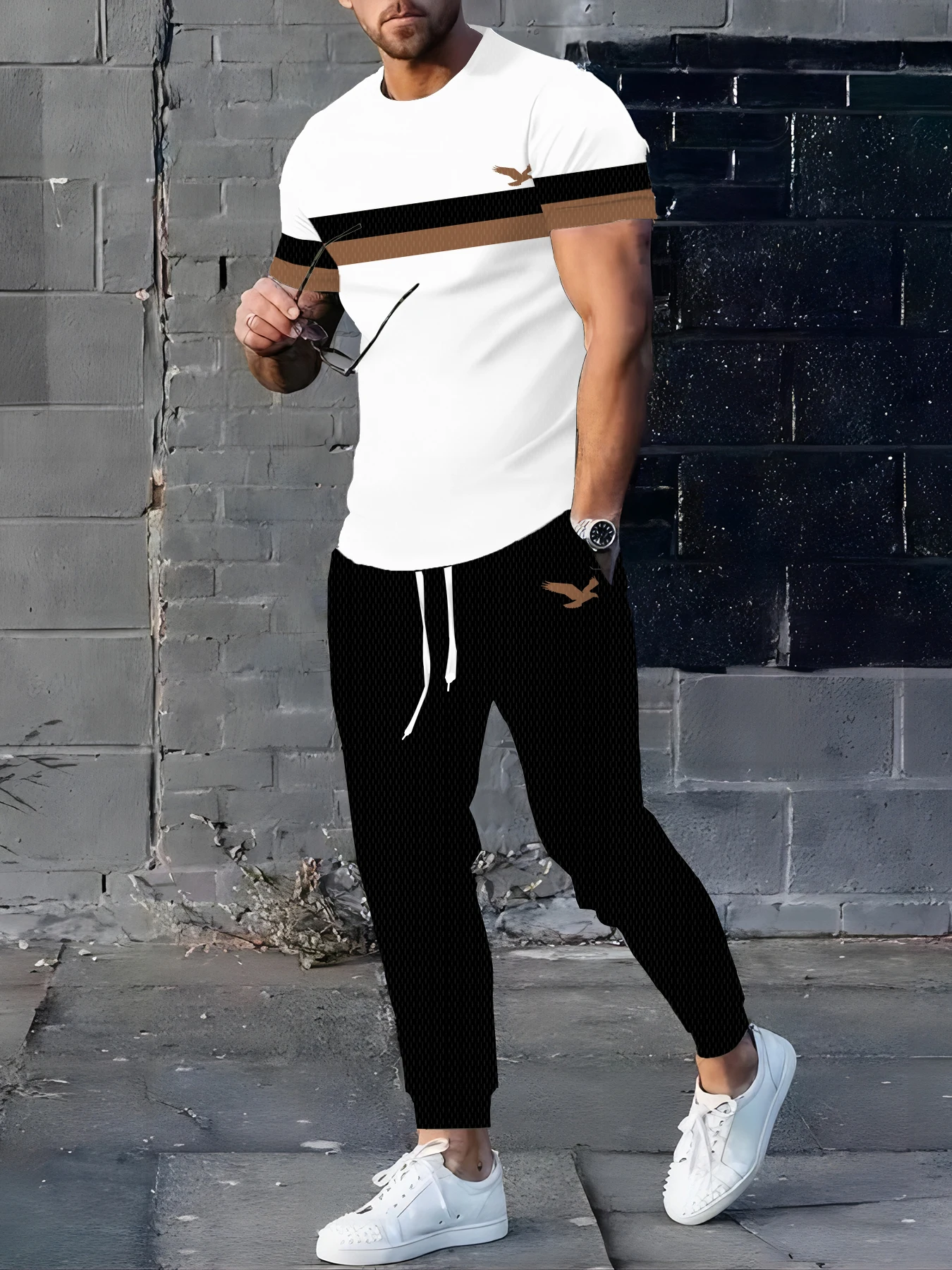 

New Handsome Men's Summer Stripe Printed Comfortable and Breathable Round Neck T-shirt Pants Set Outdoor Casual Clothing