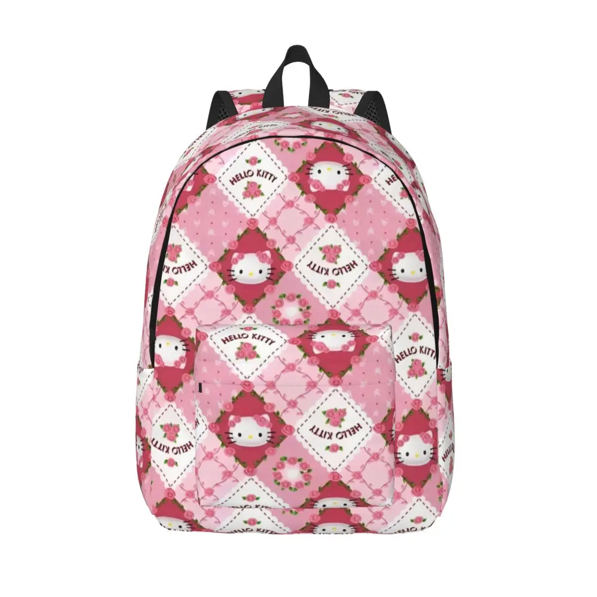 

Клетчатая школьная сумка Hello Kitty для подростков, студенческая сумка для книг, милый холщовый рюкзак с героями мультфильмов, пеший туризм средней школы