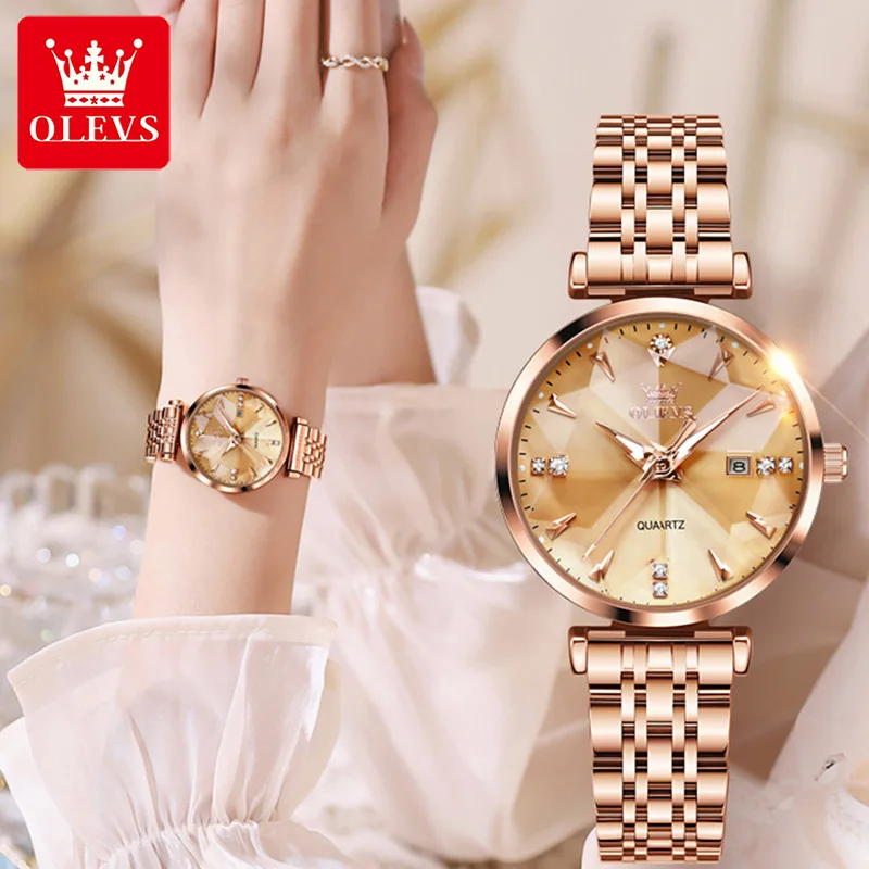 OLEVS Luxury Quartz Watch Women Rose Gold Solid Stainless Steel Strap Rhombus Design Elegant Original Brand Ladies Wristwatch