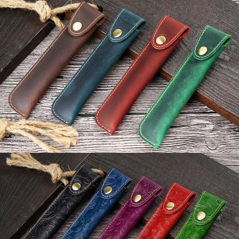 Vintage Handcrafted Leather Pen Case Pencilcase Protective Cover with Snap Closure Portable Office School Travel Supplies