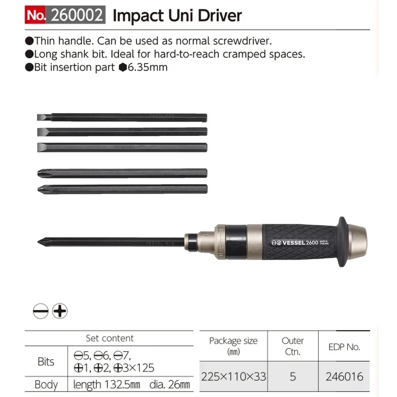 VESSEL Franchise Screwdriver Series NO.250002, with a longer batch head, suitable for operations in narrower depths