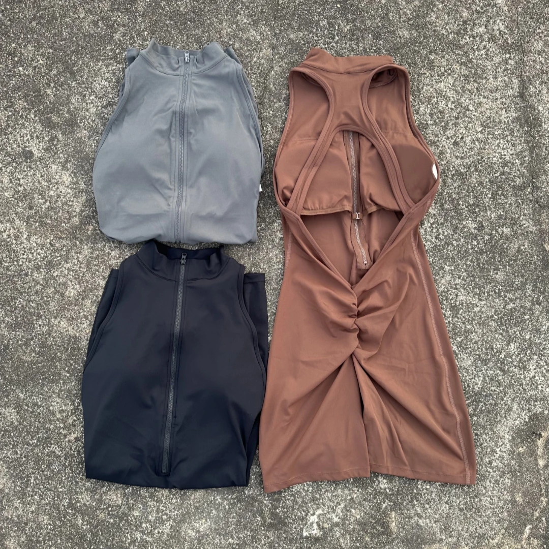 Solid color Back Waist Scrunch Backless Yoga Jumpsuit Short Set Women Zipper Sp…