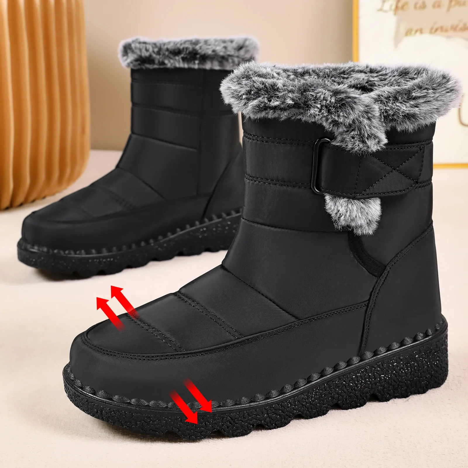 Damen-Schneestiefel bis zur Mitte der Wade, warm, mit Plüschfleece gefüttert, mit Klettverschluss, Pompon-Dekor, rutschfeste dicke Sohle, Winter-Freizeitschuhe für kaltes Wetter. – Detail 3