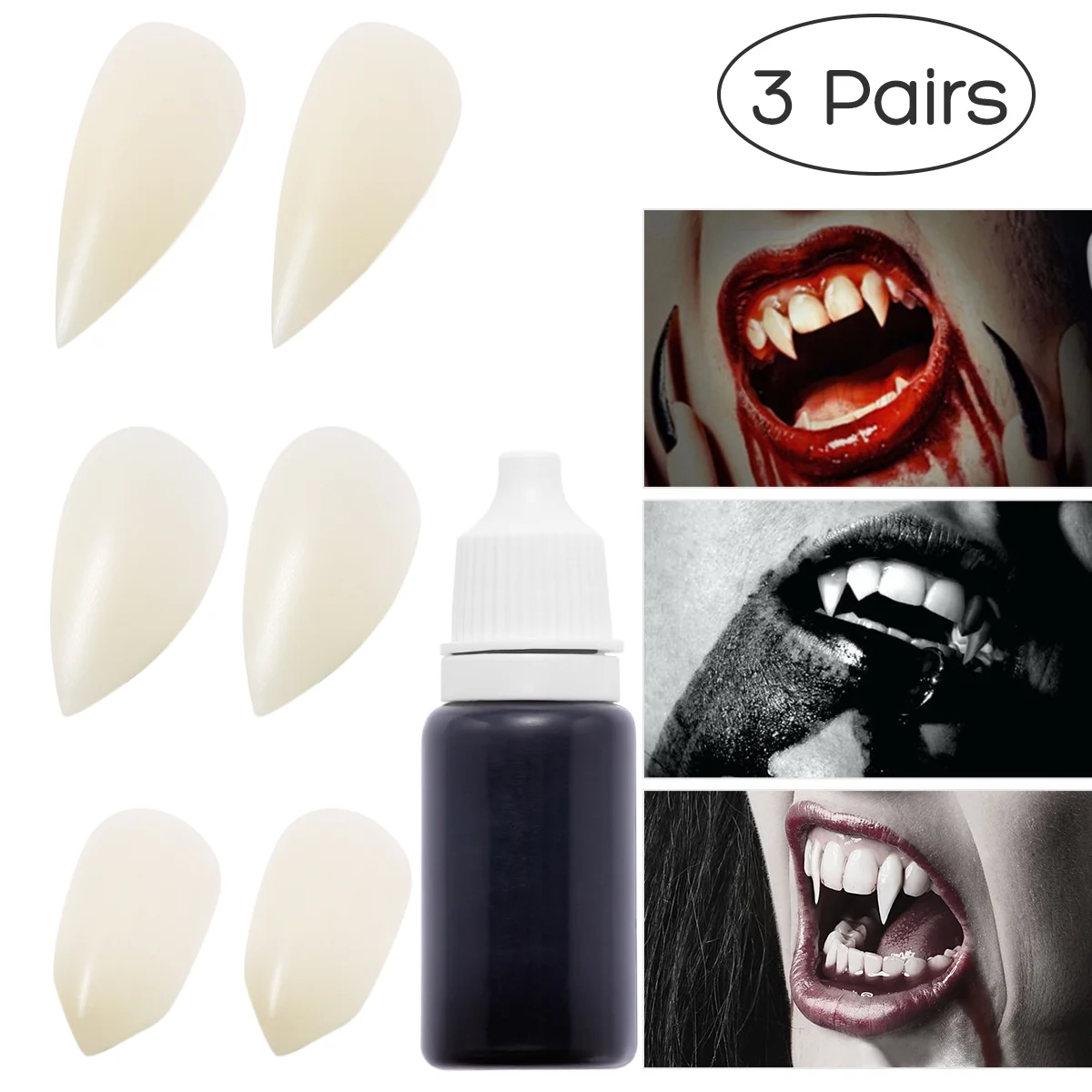 

UNOMOR Werewolf Realistic Fangs Fake Blood Set Party Cosplay Prop Decoration Tooth Horror Realistic Fangs (13mm 15mm and