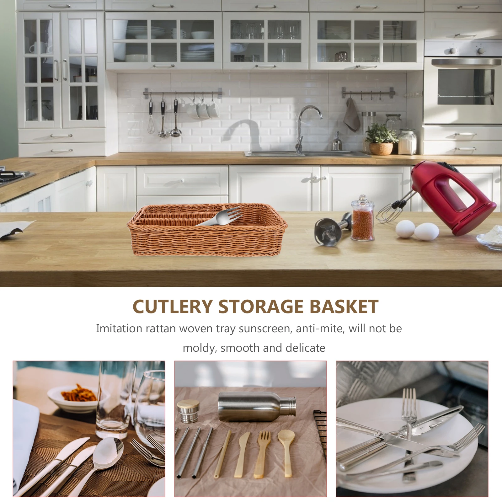 

Cutlery Storage Basket Imitation Woven Mesh 4 Compartments Kitchen Silverware Organizer Pp Rattan Tray Storage Rack