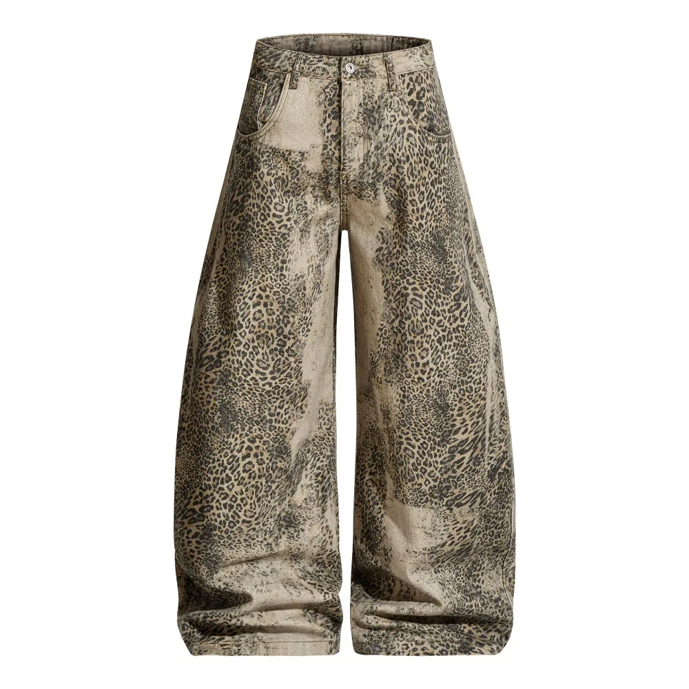 Unisex High Waist Wide Leg Pants 2026 Spring Men's Distressed Pants Leopard Print Loose Floor Length Niche Streetwear Trousers