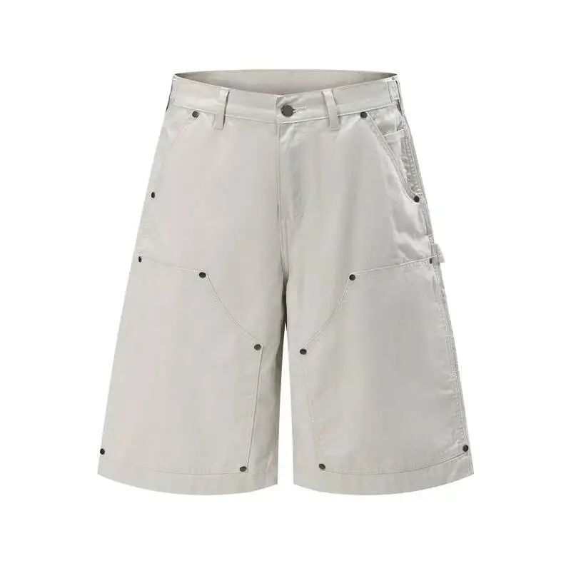 

Men's Cargo Shorts Light Grey Rivet Detail Multi Pocket Patchwork Trendy Design Casual Wide Leg Cropped Pants Summer