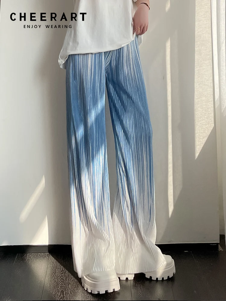 

CHEERART Tie Dye Wide Leg Pants Women Summer 2022 Trousers Blue Long Baggy Pleated Pants High Waist Y2k Bottoms Designer