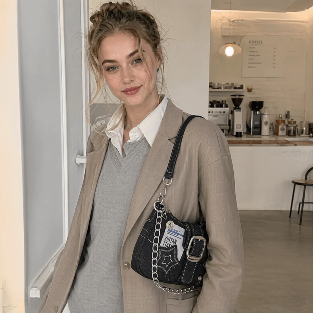 Y2K Large Capacity Stars Pattern Handbags Trendy Vintage Denim Underarm Bag Chain Splicing Retro Shoulder Bags Casual Wear