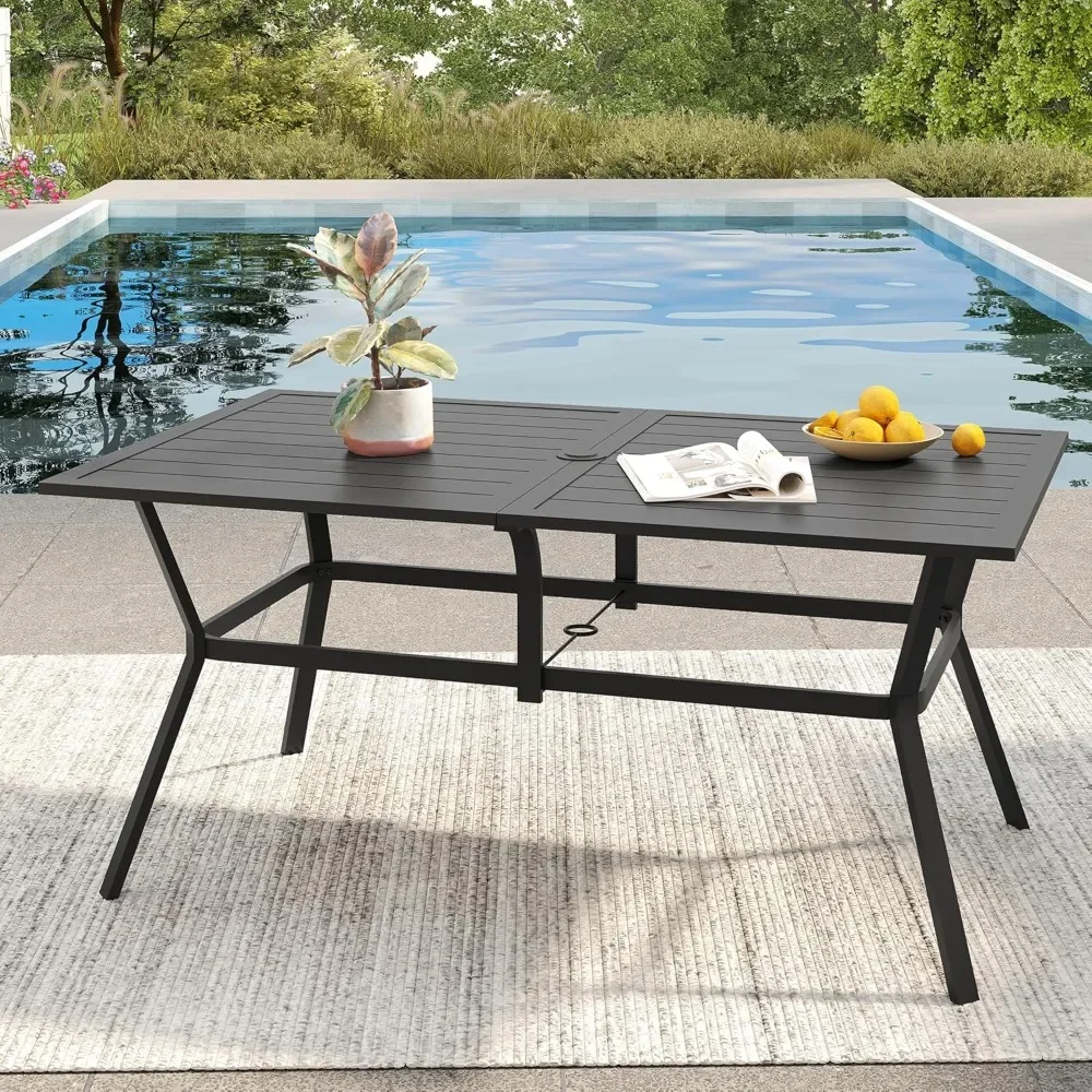 

59" Patio Table with Umbrella Hole for 6 Person, Patio, Lawn, Garden, Porch, Rectangle Metal Steel Slat Outdoor Table