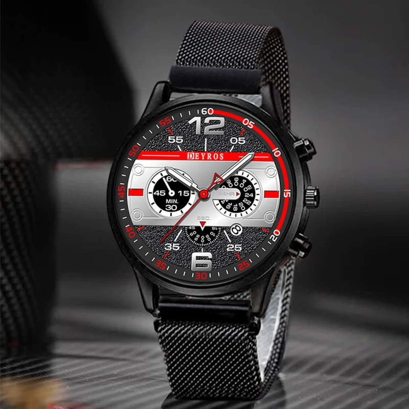 

Mens Fashion Sports Watches Luxury Stainless Steel Mesh Belt Quartz Watch Calendar Male Casual Leather Watch Luminous Clock