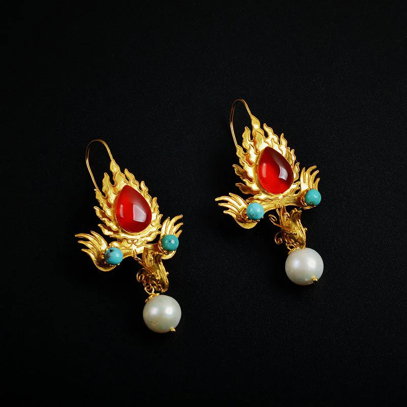 Fashion Chinese Style Vintage Flame Phoenix Red Gemstone Turquoise Earrings for Women Hanfu Cheongsam Jewelry Girlfriend Gift