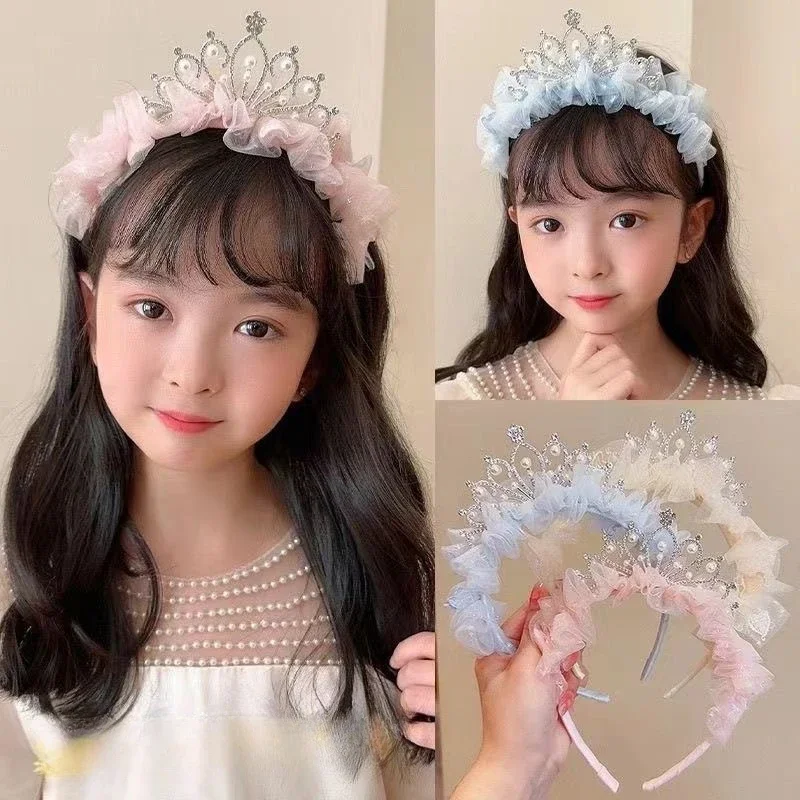 Children's Crown Headband Girls Birthday Veil Headband Female Sweet Cute Hair Card Eprincess Headwear Performance Accessory Gift