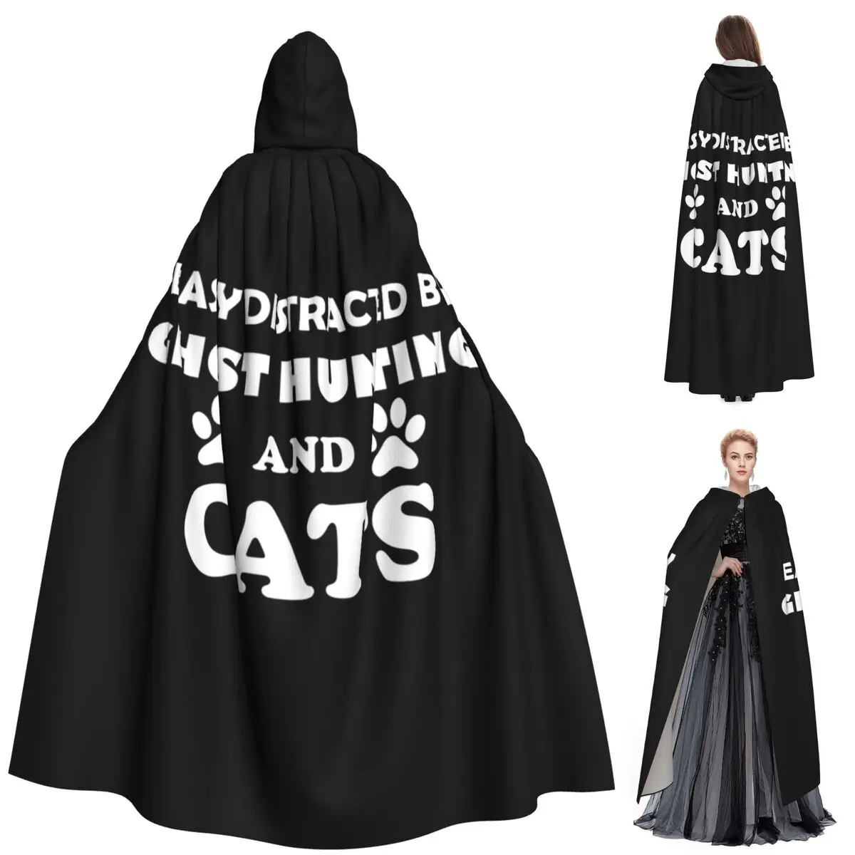 

Easily Distracted By Ghost Hunting And Cats Essential T-Shirt Long Hooded Cloak Witch Medieval Cosplay Cape HalloweenVampire