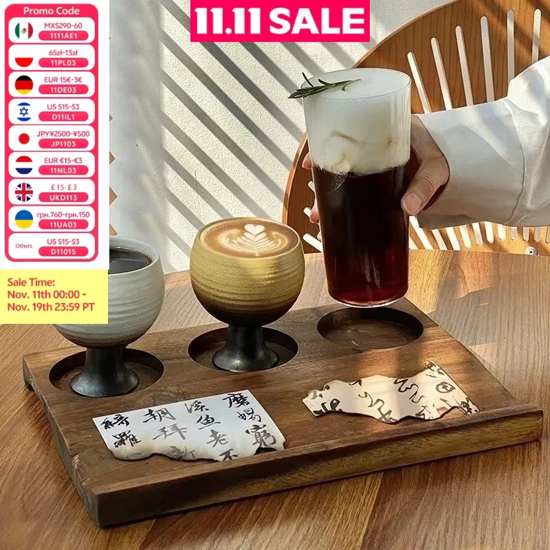 

Solid Wood Coffee Tasting Flight Tray Glass Cup Holder Whiskey Flight Board Retro Acacia Wooden Flight Tray for Bar Home Party