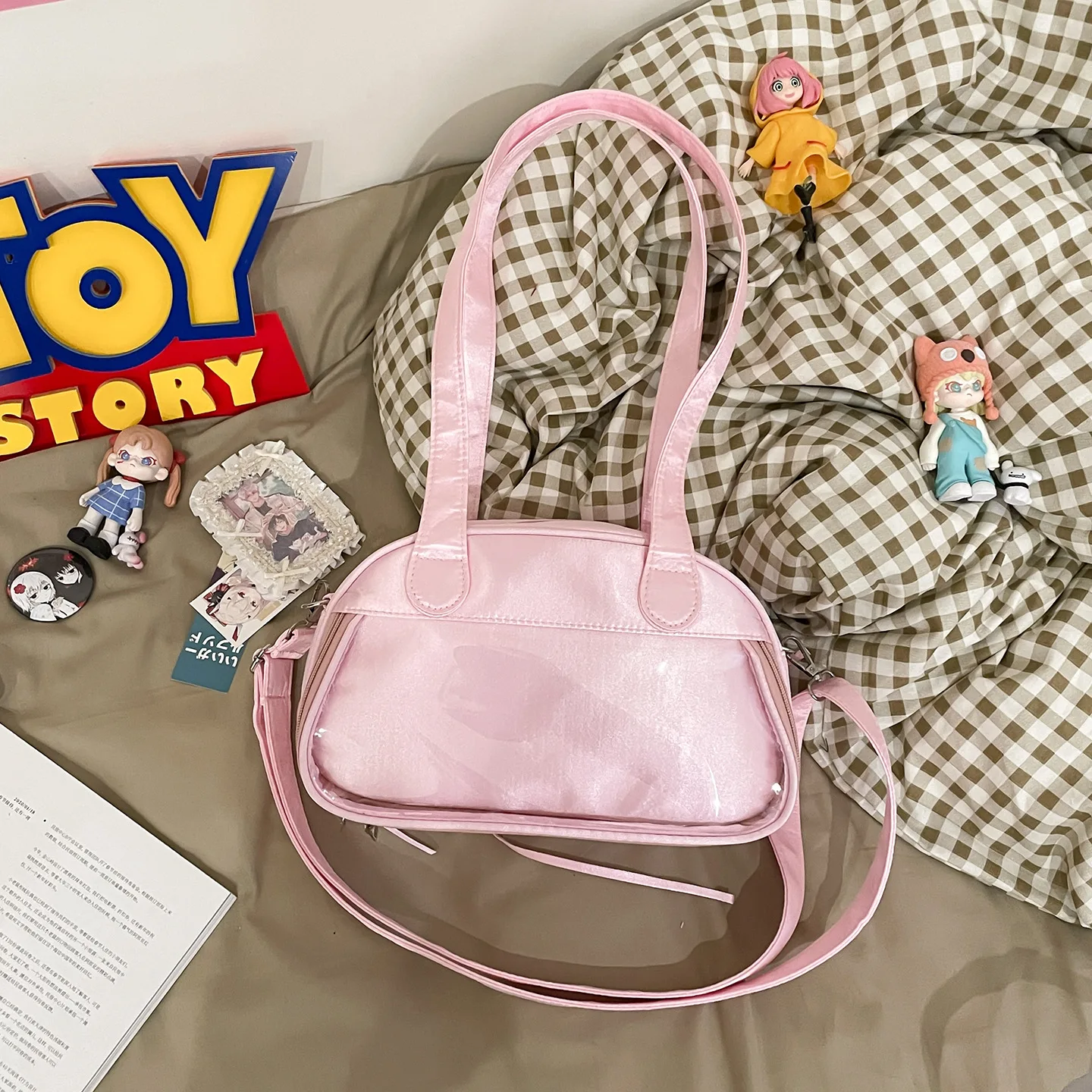 

Richme Ballet Style Women Ita Bags 2025 Ruffles Bow 2 Sides Satin Ladies Bowling Shoulder Bag PU DIY Anime Badge Bolso Mujer