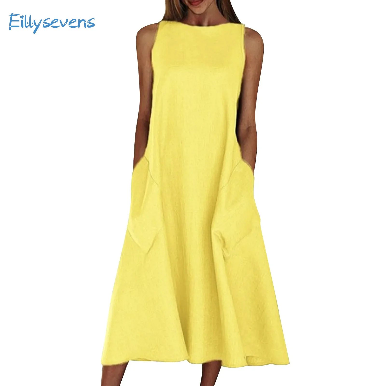 Robe en coton et lin All-Match pour femmes, col rond, poche, classique, simple, décontracté, vacances, 03/3