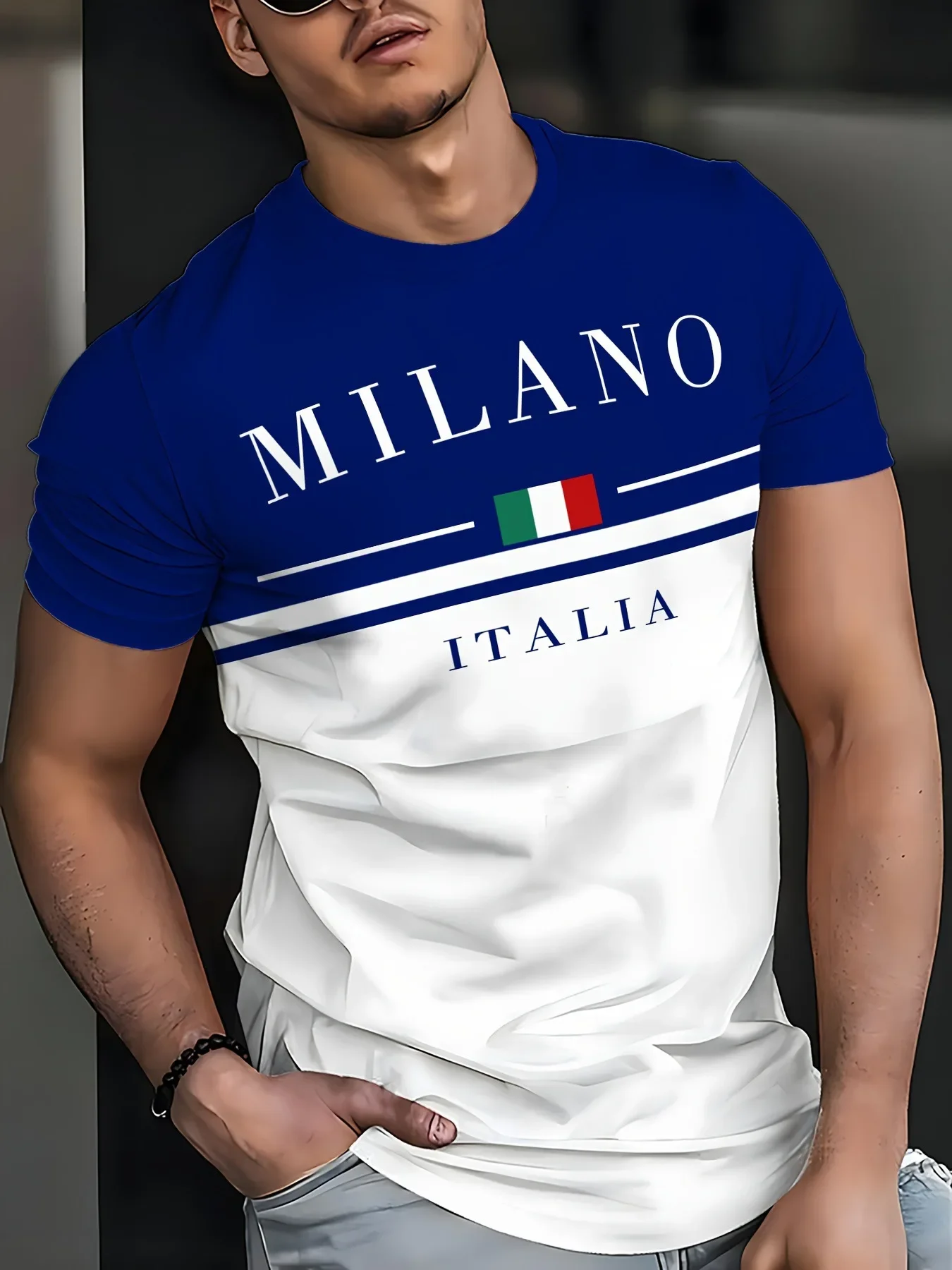 Italian Milan 3D Printed Lettering Short-Sleeved Casual Men's T-Shirt O-shaped Collar Design Street Style Men's T-Shirt