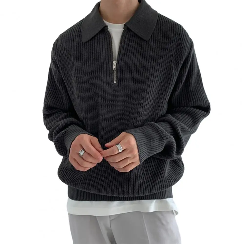 

Men Sweater Lapel SKnitted Loose Long Sleeve Zipper Warm Pullober Mid Length Sweater