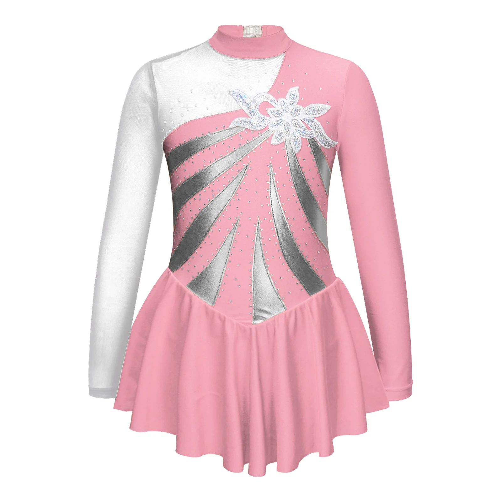 Vestido de baile de patinaje artístico Floral de lentejuelas de diamantes de imitación brillantes para niñas, manga larga, cuello redondo, gimnasia,