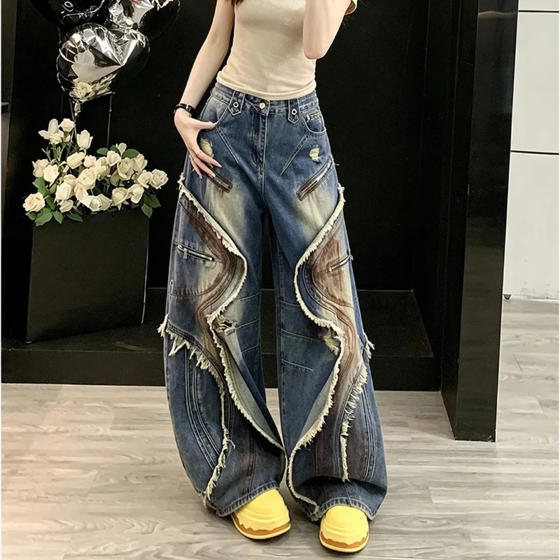 Women Heavy Craft Vintage Curved Knife Wide Leg Jeans High Waist Loose Versatile Niche Design Denim Trousers  Casual Streetwear