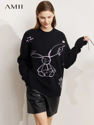 AMII Minimalism Loose Sweater Autumn Winter O Neck Temperament Long Sleeve Embroidery Animal Pullover Tops Knit Sweater 12241308