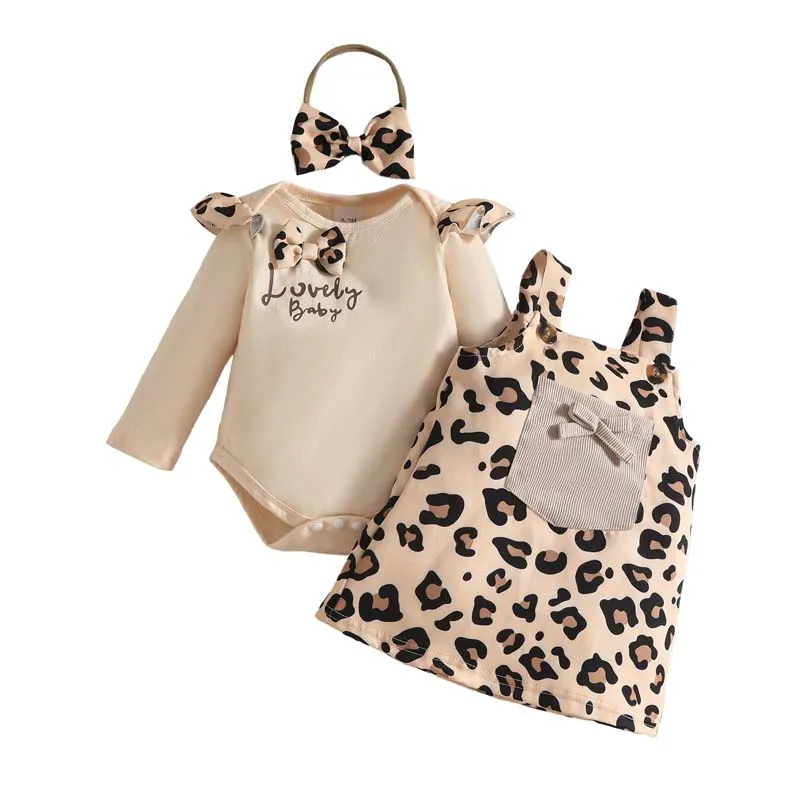

Newborn Set 3 Months Girl Outfits Autumn Letter Prints Bow Long Sleeve Bodysuit Leopard Print Halter Dress Hairband Baby Clothes