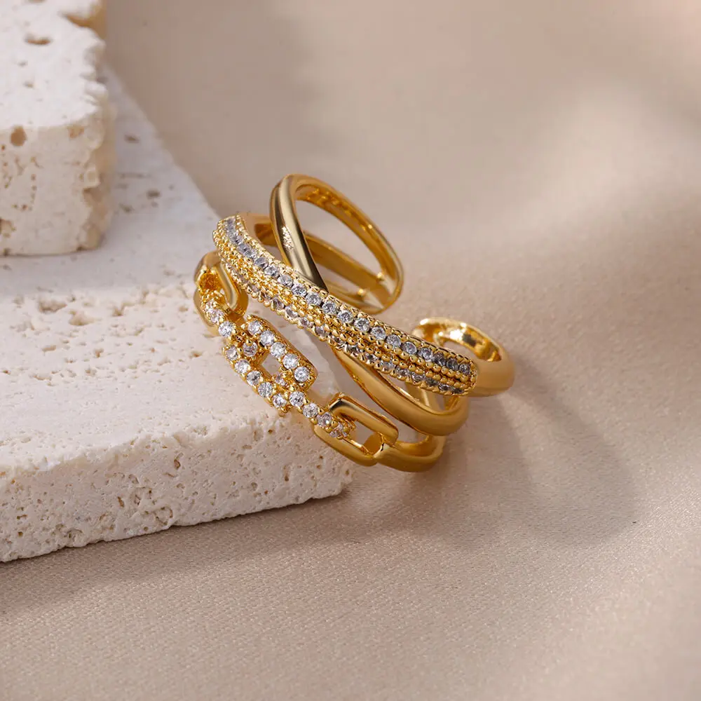 Cyrkon Twist Chain otwarte pierścionki dla kobiet stal nierdzewna geometryczny Twist owinięty regulowany pierścionek ślubna estetyczna biżuteria na prezent — zdjęcie 5