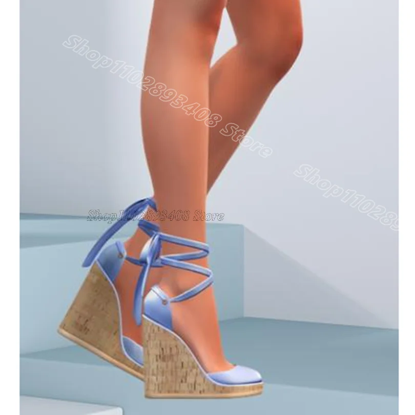 

Blue Ankle Strap Wedges Heels Sandals Round Toe British Style Summer Women Party Casual Leather Sandals 2025 Zapatos Para Mujere