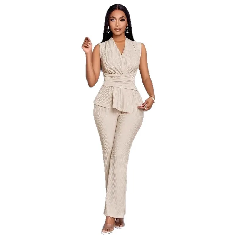

Women V Neck Sleeveless Ruched Peplum Top Flare Pants Elegant Two Piece Outfit