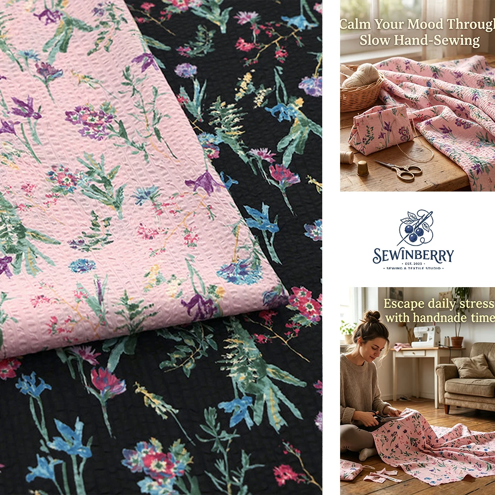 Pastoral Floral Print Crinkled Cotton Fabric Stress‑Relief DIY Sewing Material For Dress Blouse Fat Quarter Patchwork Pillow