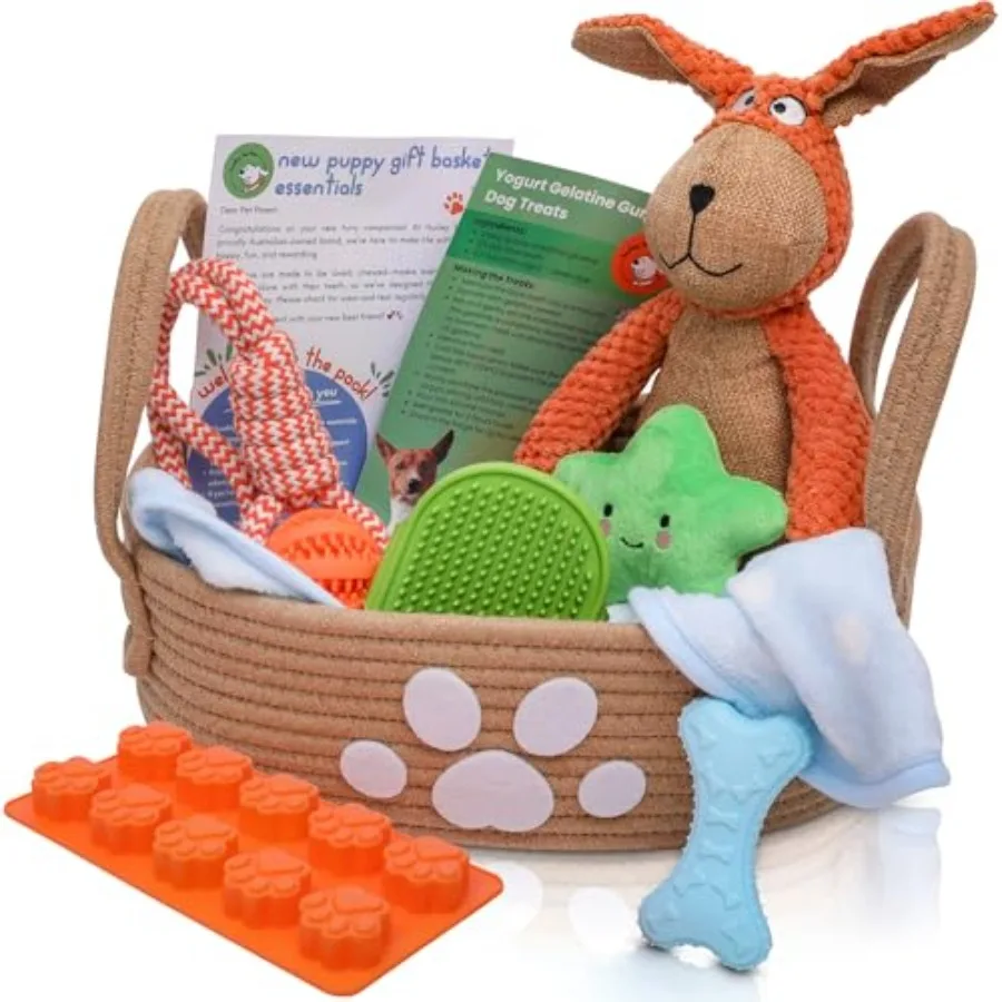 

Премиальный стартовый набор для щенков - Новая подарочная корзина для щенков с необходимыми принадлежностями, коробкой для игрушек, лотком для лакомств, принадлежностями для дрессировки, игрушками для жевания и пищащими игрушками.