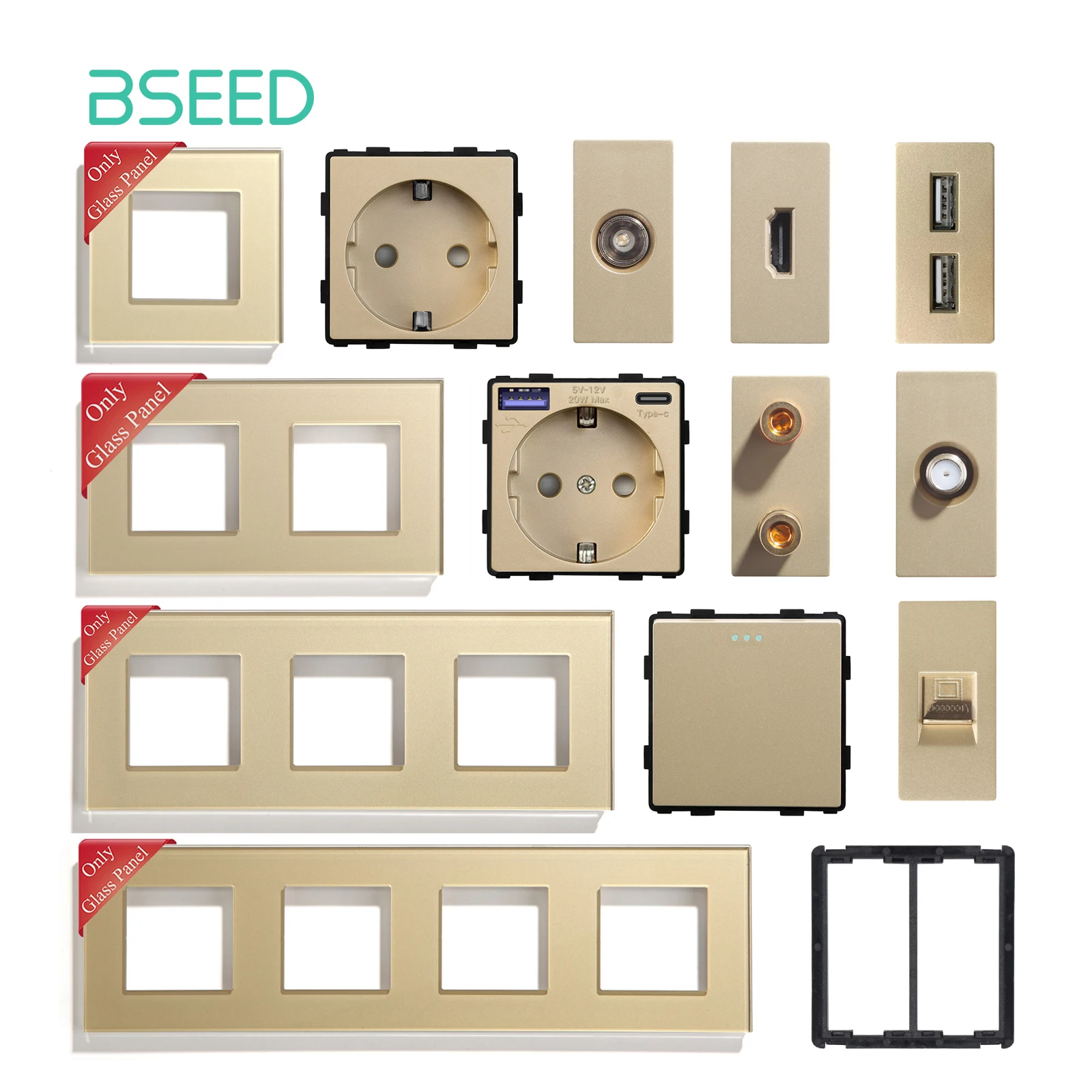 BSEED TV ST CAT5/6 RJ45/11 Double USB Type-c EU Socket Parts Crystal Glass Frames Mechanical Light Switches Free Combination