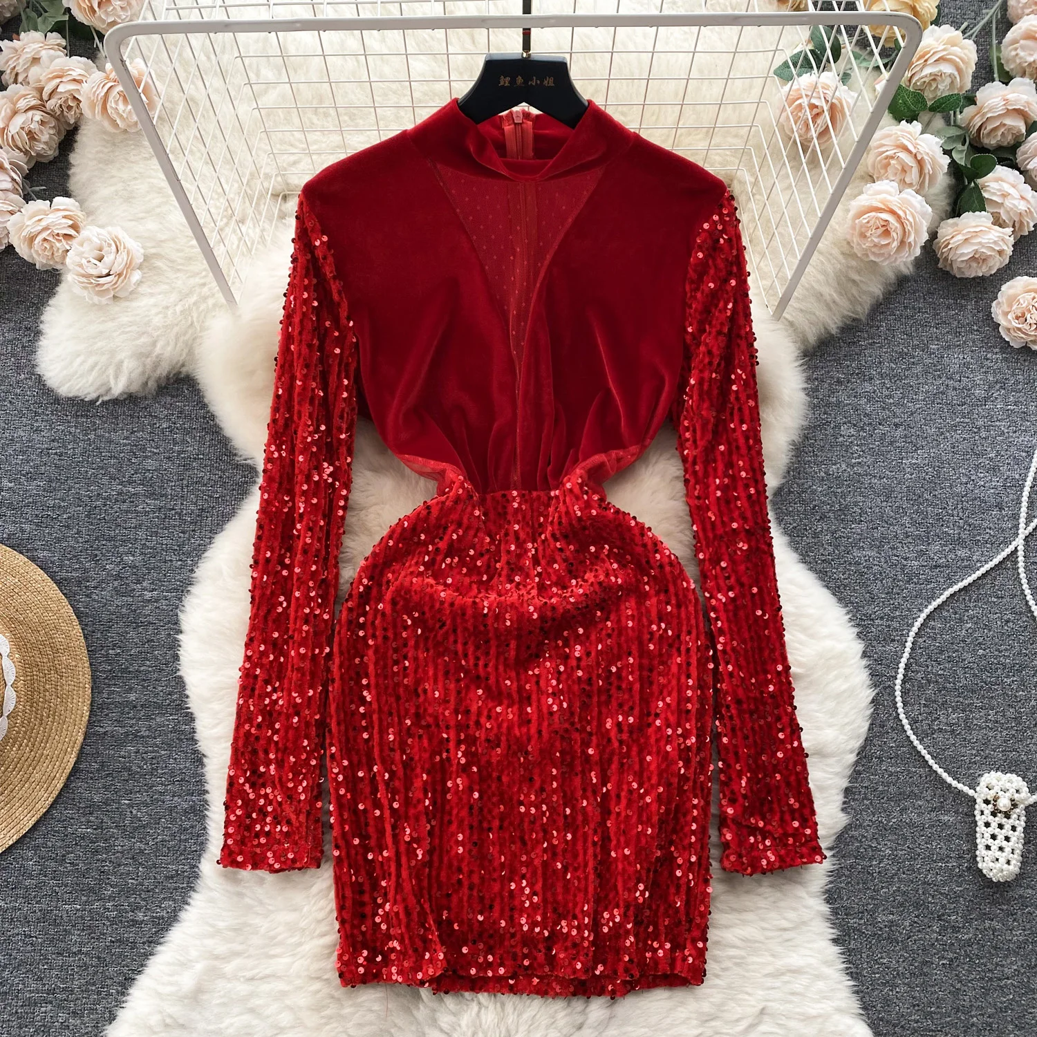 

2023 New Autumn Fashion Women See Through Mesh Patchwork Stand Collar Long Sleeve Sequined Bodycon Mini Party Club Velvet Dress