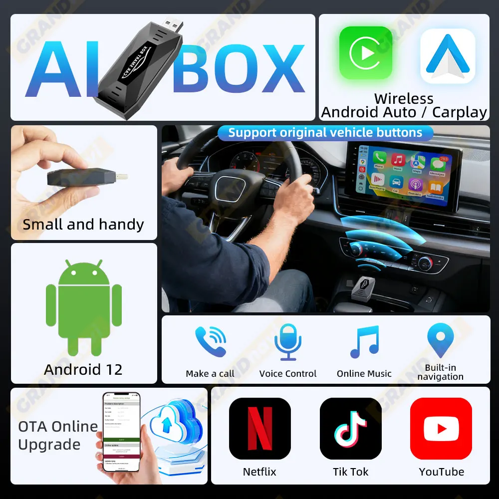 Android 15 3IN1 Ai Box Android System CarPlay Wireless Android Auto USB Adapter For Youtube Netflix For VW Kia Toyota Ford Mazda