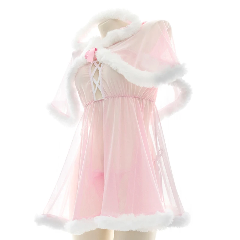 AniLV Anime Fairy Tale Girl Pink Hooded Cape Dress Costume Cosplay Women Mesh Furry Nightdress Pajamas Uniform Outfit