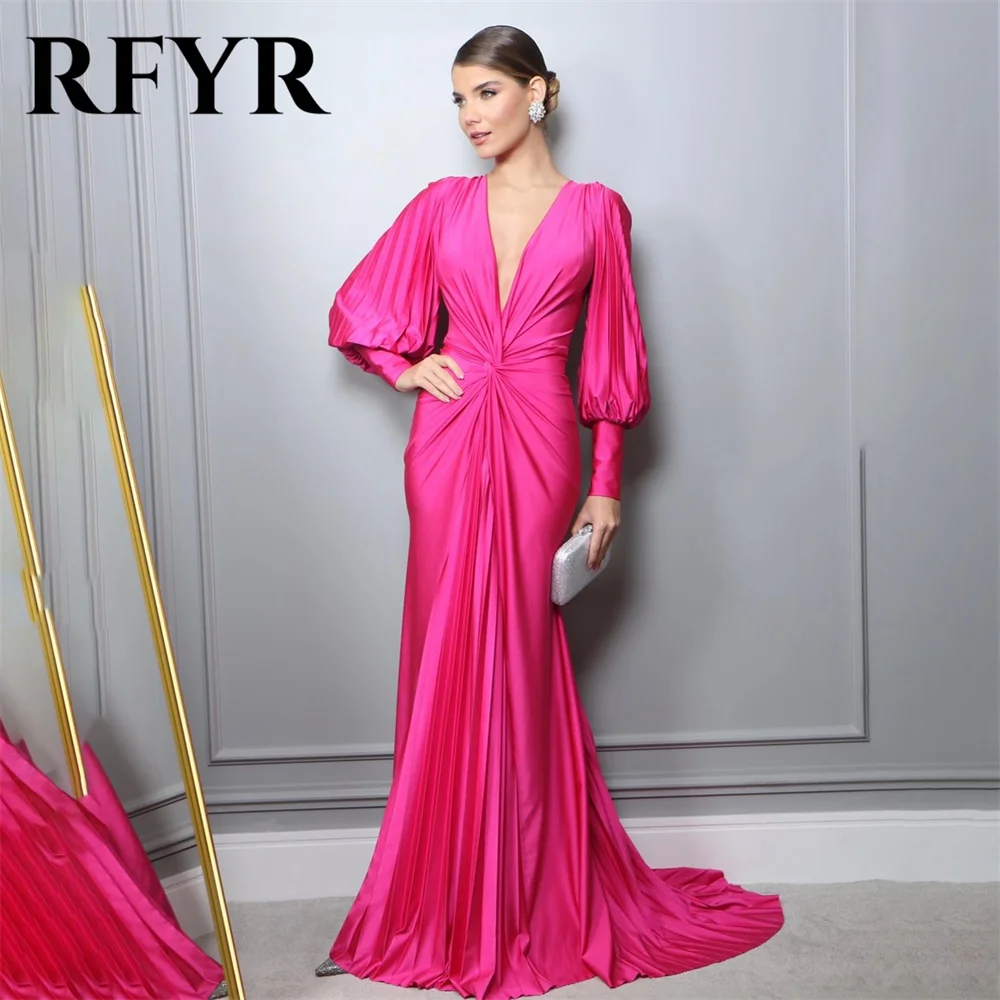 RFYR Mermaid Sexy Woman Evening Dress Gown Royal Blue Prom Gown Pleat Stain Pleat V Neck Night Dress Gown Plus Size Customized