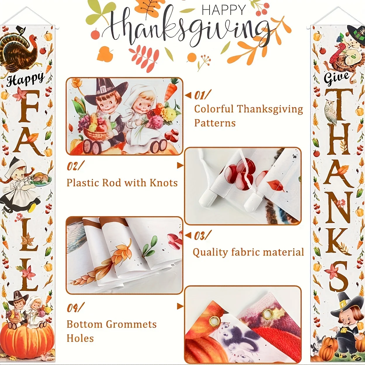 Thanksgiving Decorations Vintage Give Thanks Fall Porch Sign Banner Autumn Harvest Front Door Hanging Banner with Turkey Pumpkin