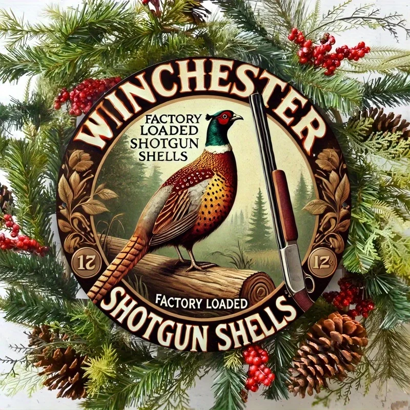 Winchester Shotgun Shells Vintage Metal Wall Sign - 19.81cm Round, Weather-Resistant HD Print with Rustic Wooden Log Design, Per